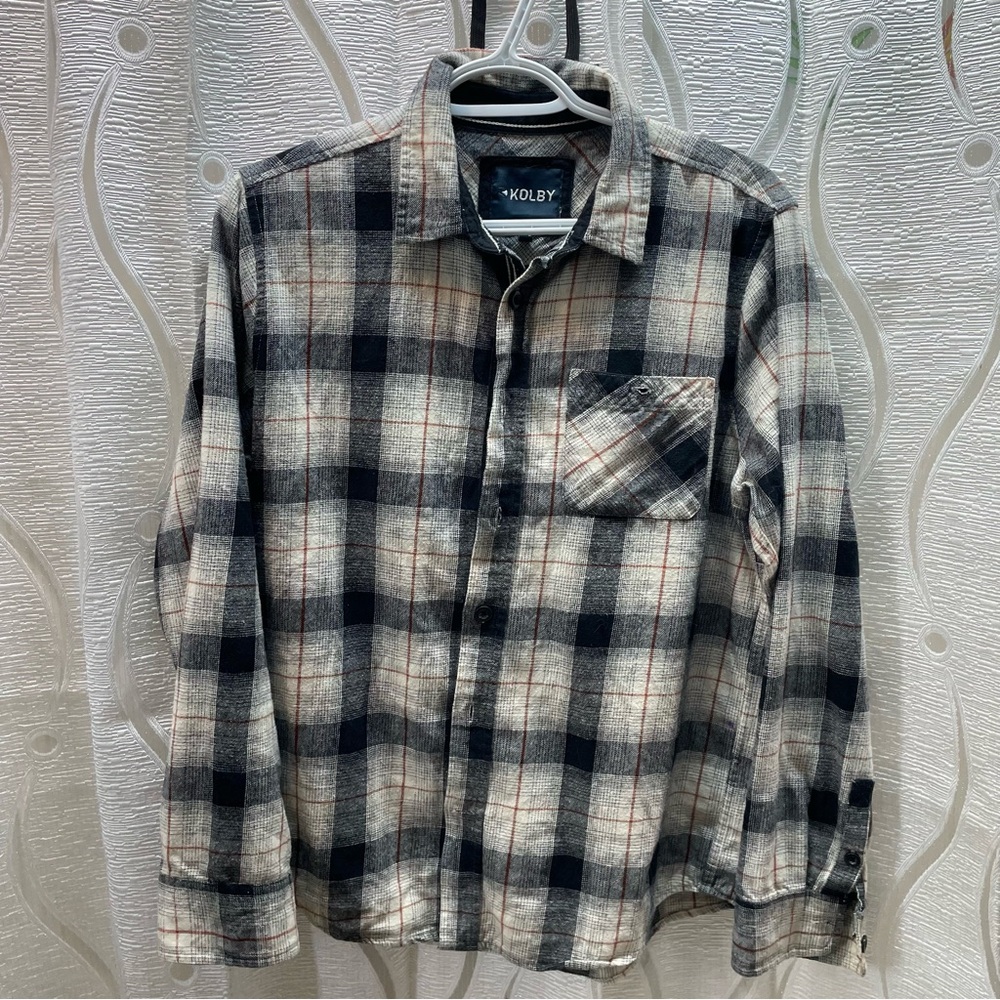 Kolby Plaid Flannel Shirt Mens Large Black White Rust‎ Excellent Long Sleeve